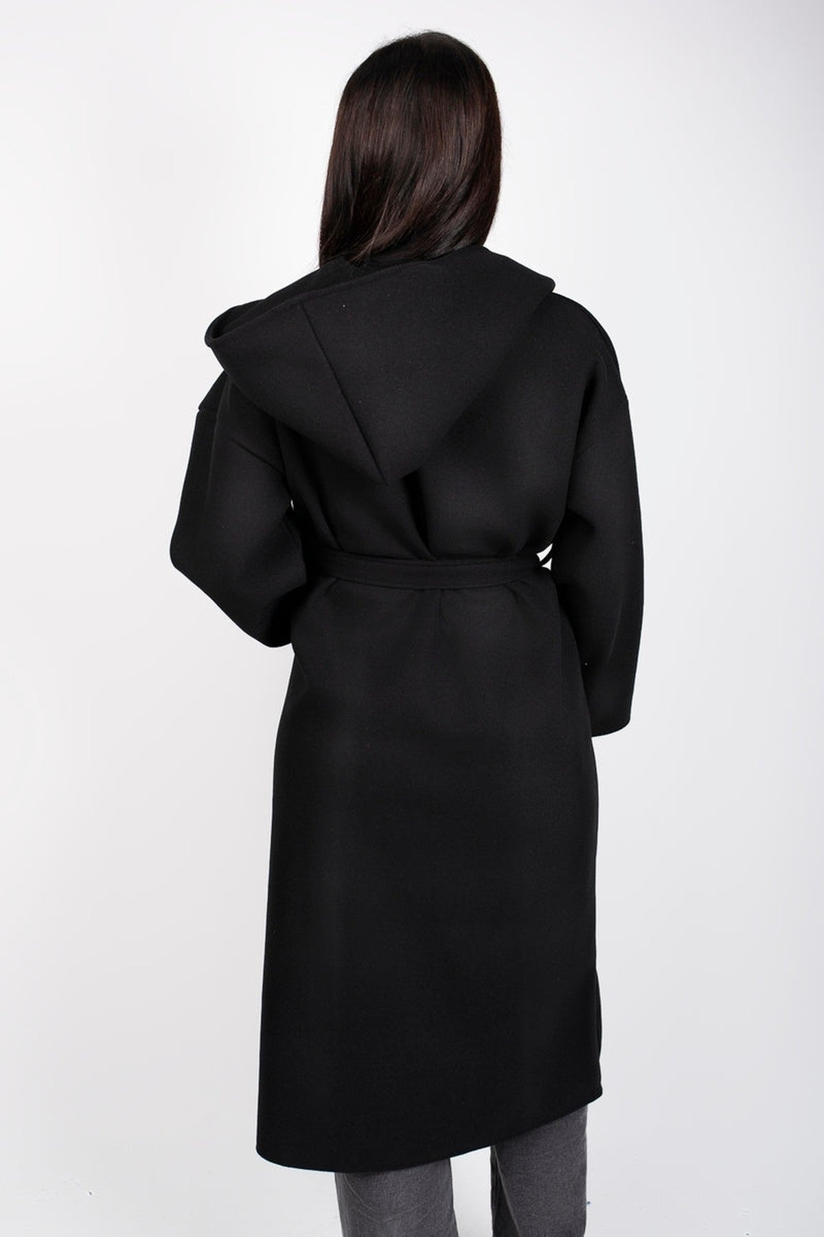 Vionna Hooded Longline Belted Wrap Coat - Black