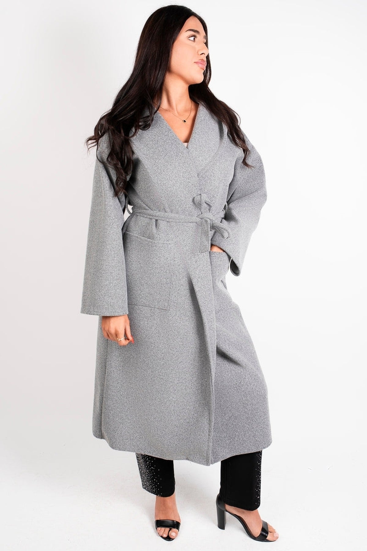 Vionna Hooded Longline Belted Wrap Coat - Grey