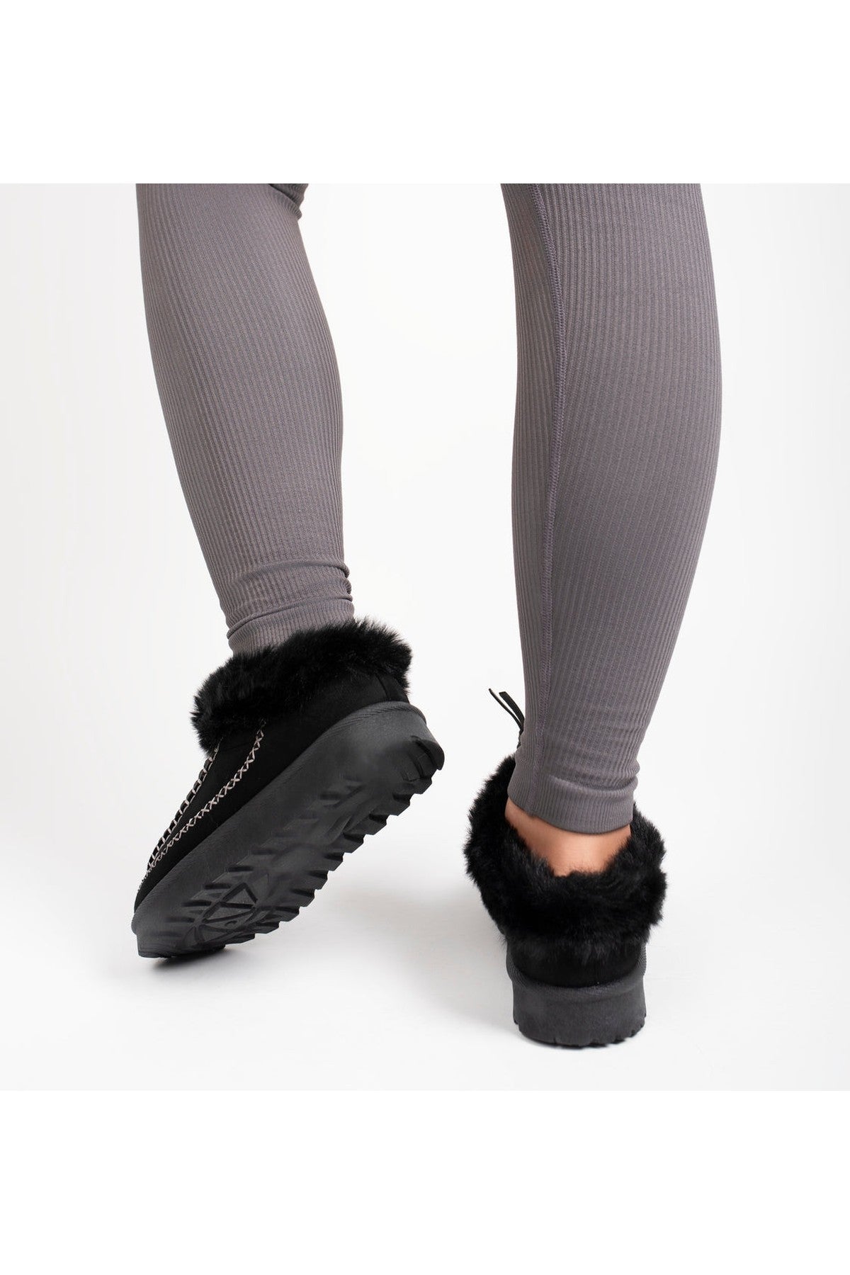 Kessia Faux Suede Fluffy Lined Ankle Boots With Stitch Detail - Grey
