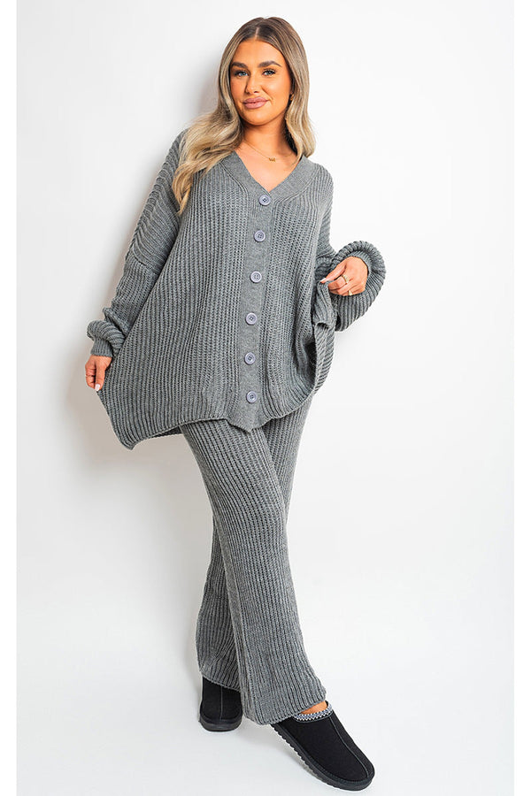 Emma Chunky Knitted Button Up Cardigan Wide Leg Trousers Co-ord Set - Grey