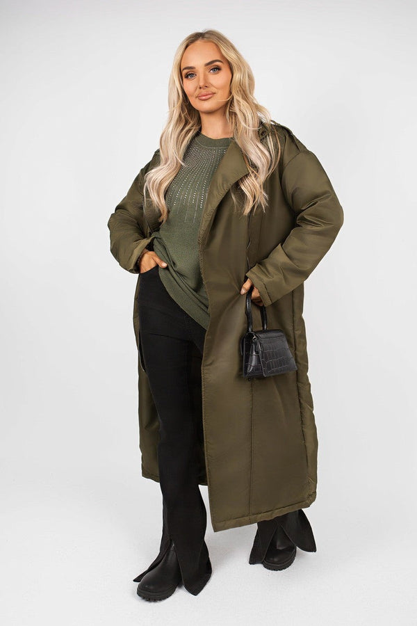 Yvette Longline Padded Coat With Side Pockets - Khaki