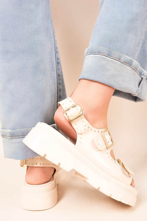Zora Chunky Double Buckle Studded Platform Sandals - Beige