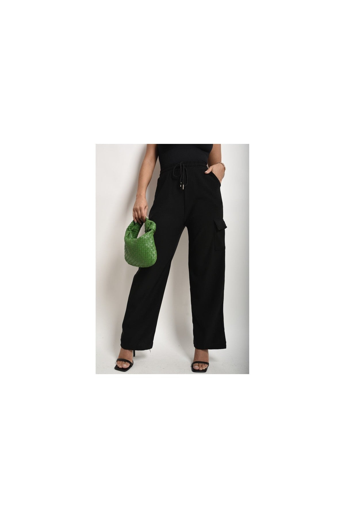 Faye Wide Leg Drawstring Waist Flap Pocket Trouser - Black