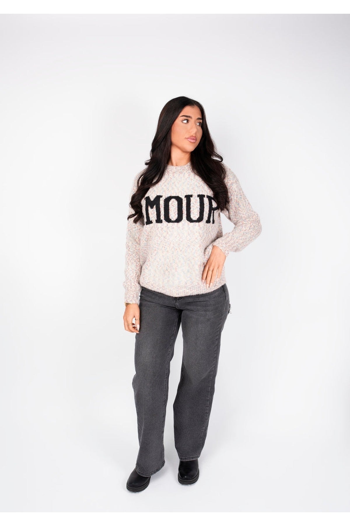 Zenya Fluffy Knit Oversized Jumper With Amour Slogan Detail - Orange