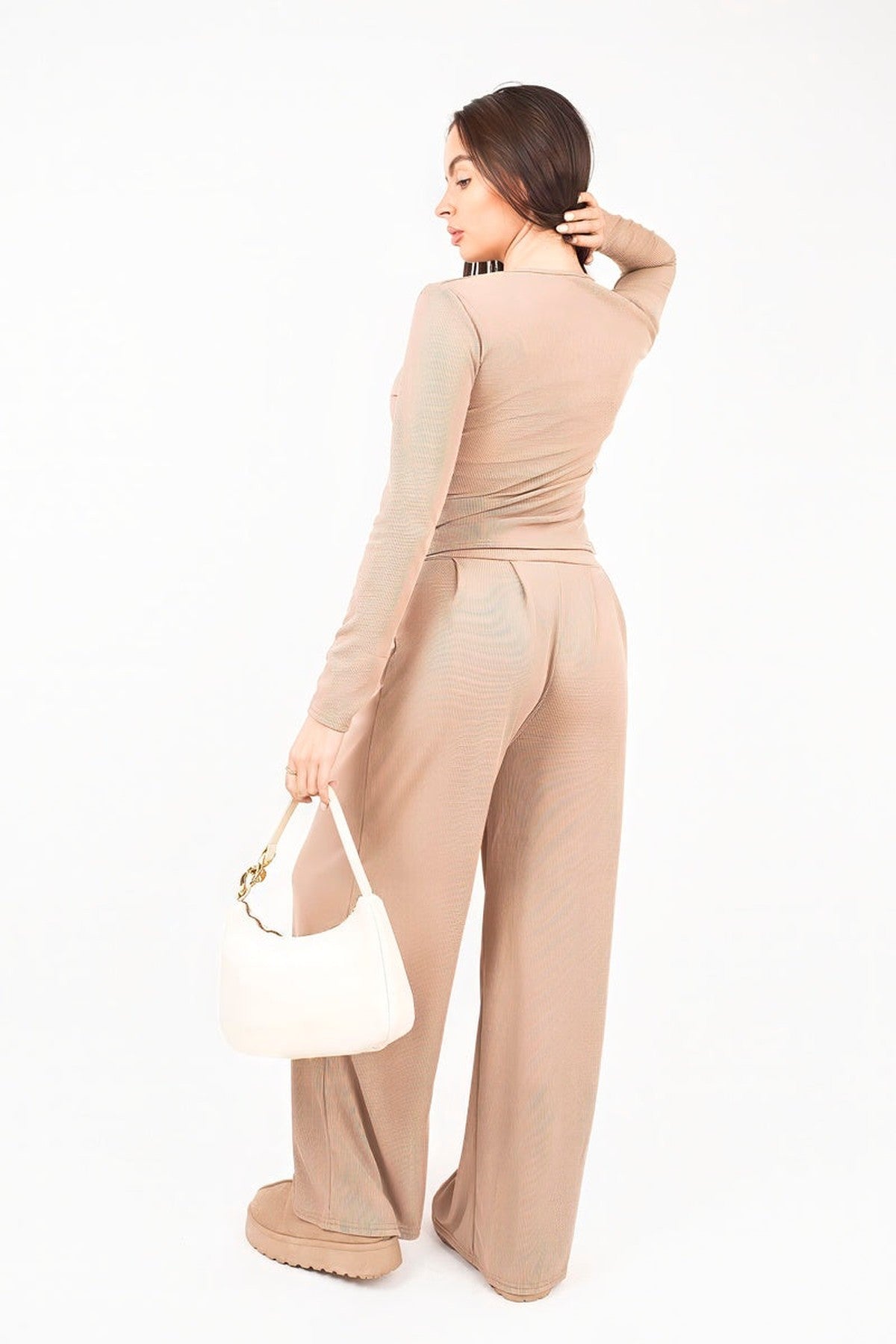 Enaya V Neck Long Sleeve Ribbed Top & Wide Leg Trousers Co-ord Set - Stone