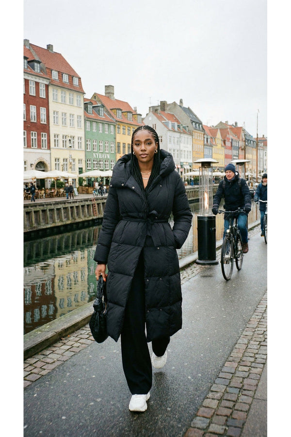 Velina Longline Puffer Coat With Belted Waist - Black