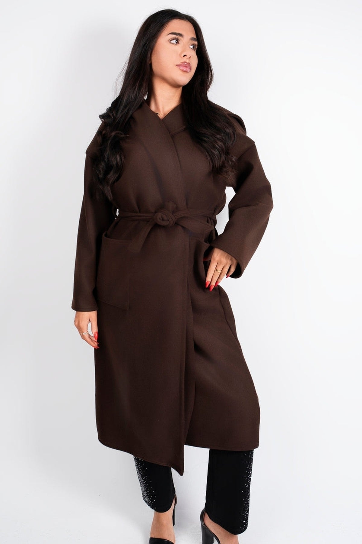 Vionna Hooded Longline Belted Wrap Coat - Brown