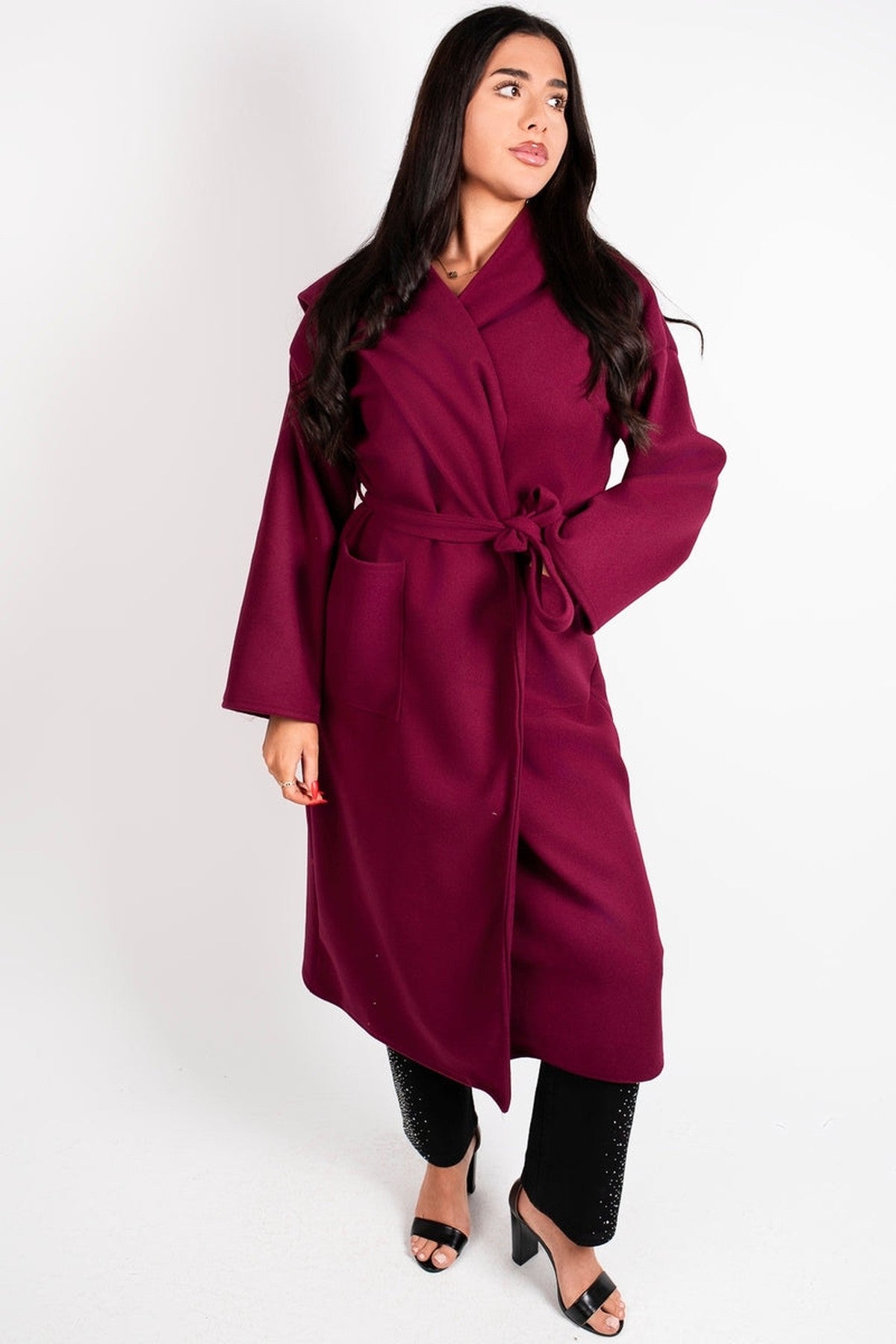 Vionna Hooded Longline Belted Wrap Coat - Wine Glit