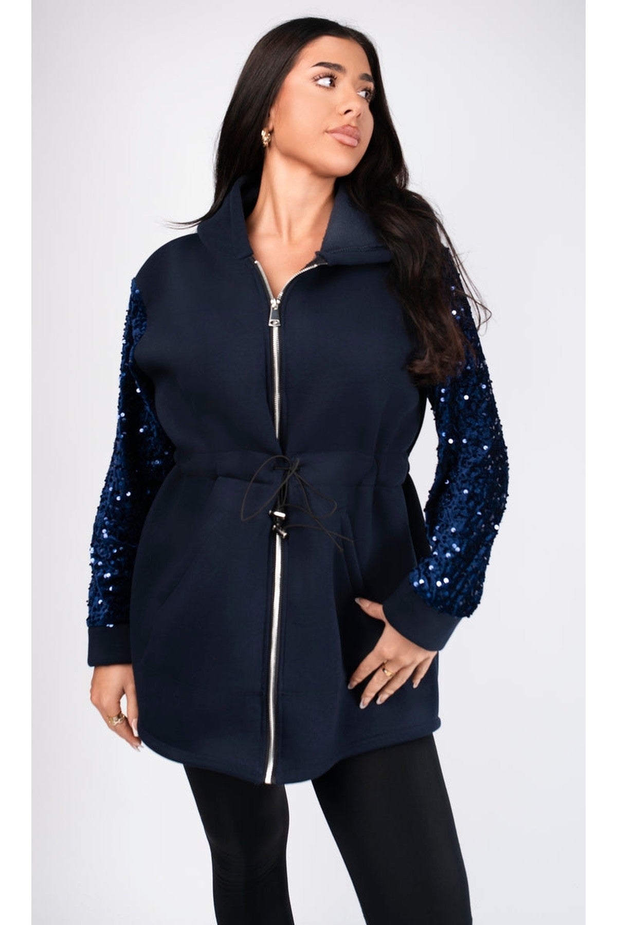 Evalora Zip Up Hoodie With Sequin Sleeve Detail - Navy
