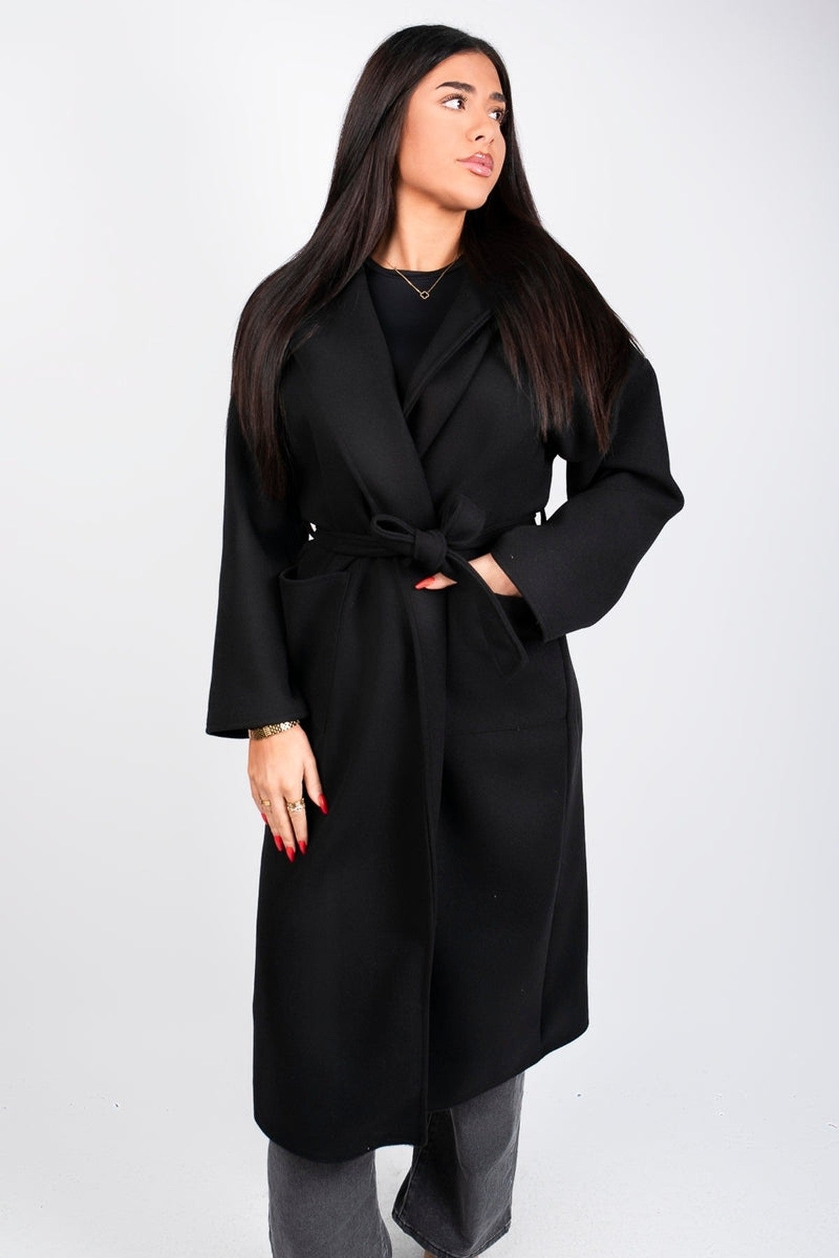 Vionna Hooded Longline Belted Wrap Coat - Black