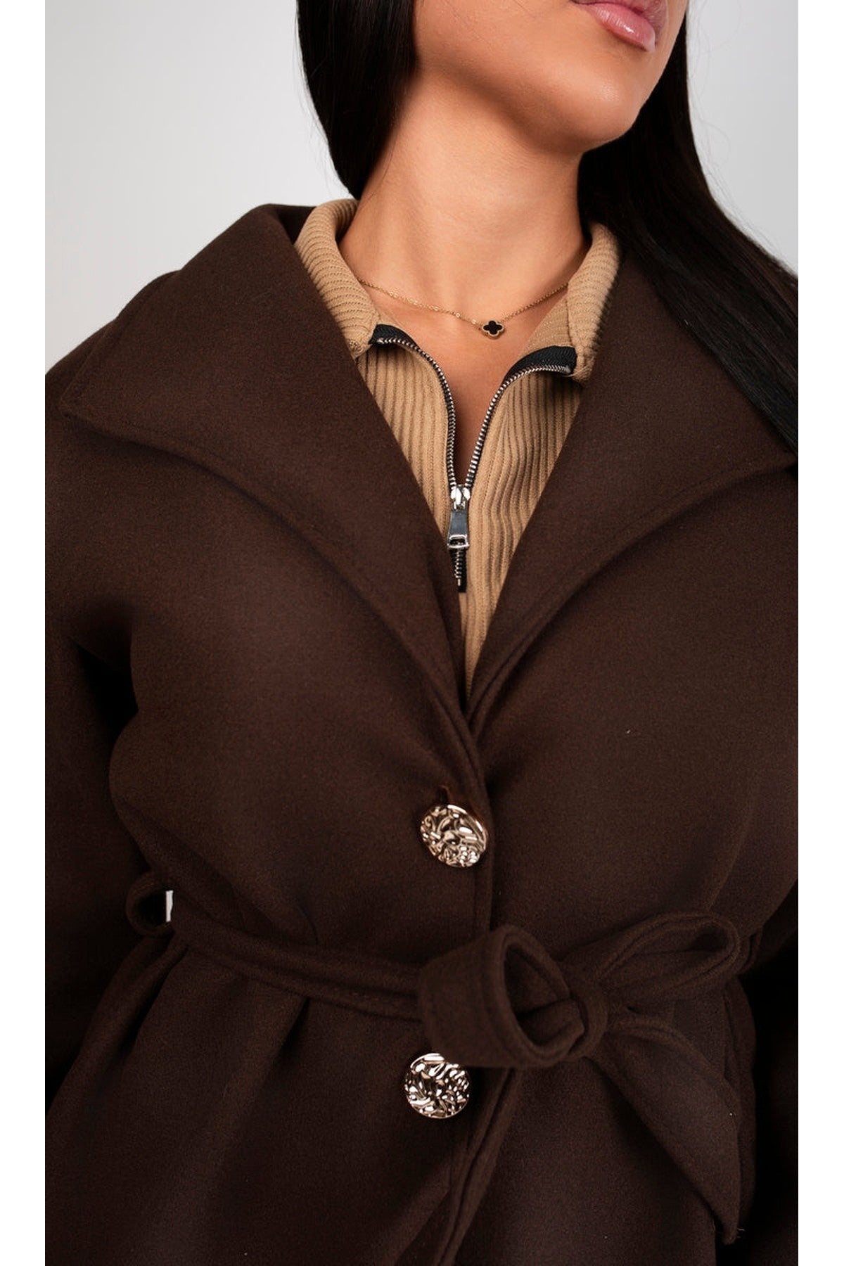 Marelle Belted Longline Coat With Button Detail - Brown