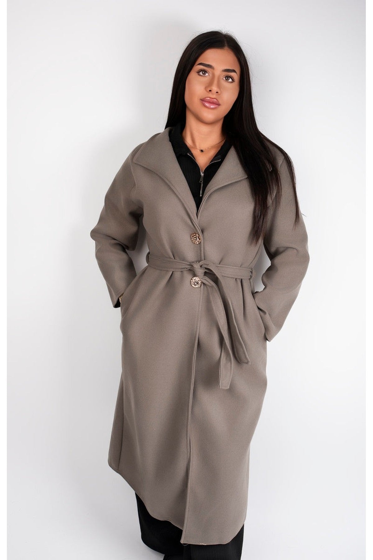 Marelle Belted Longline Coat With Button Detail - Mocha