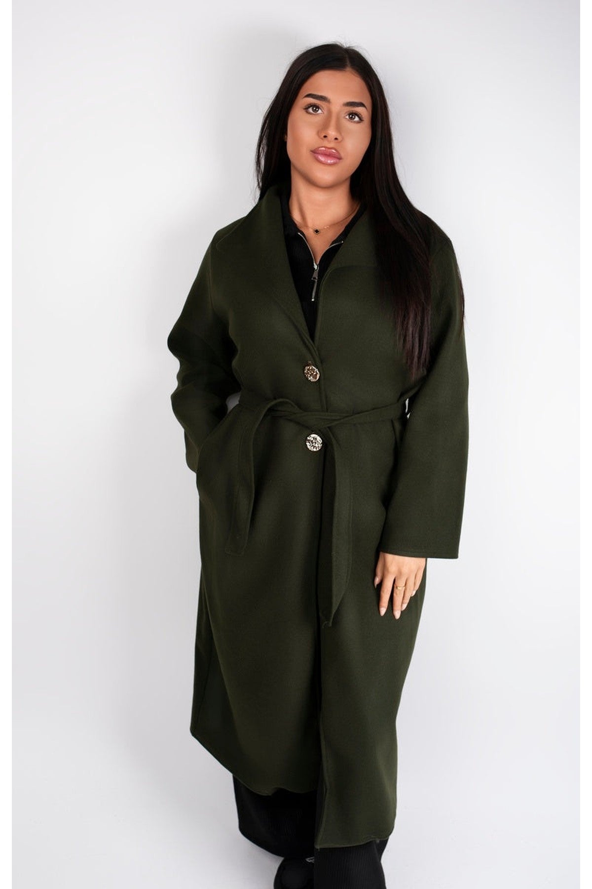 Marelle Belted Longline Coat With Button Detail - Khaki