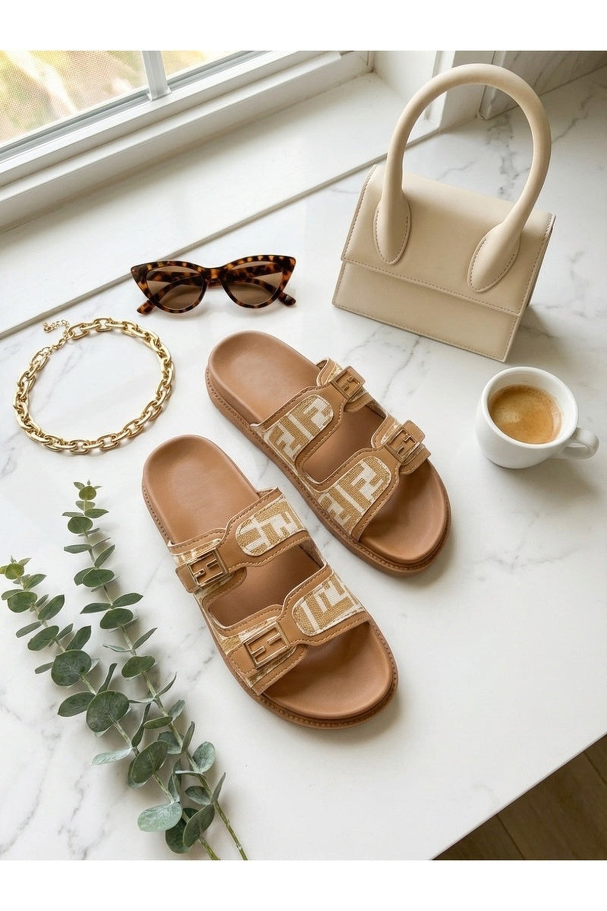 Willow Patterned Buckle Sandals - Khaki