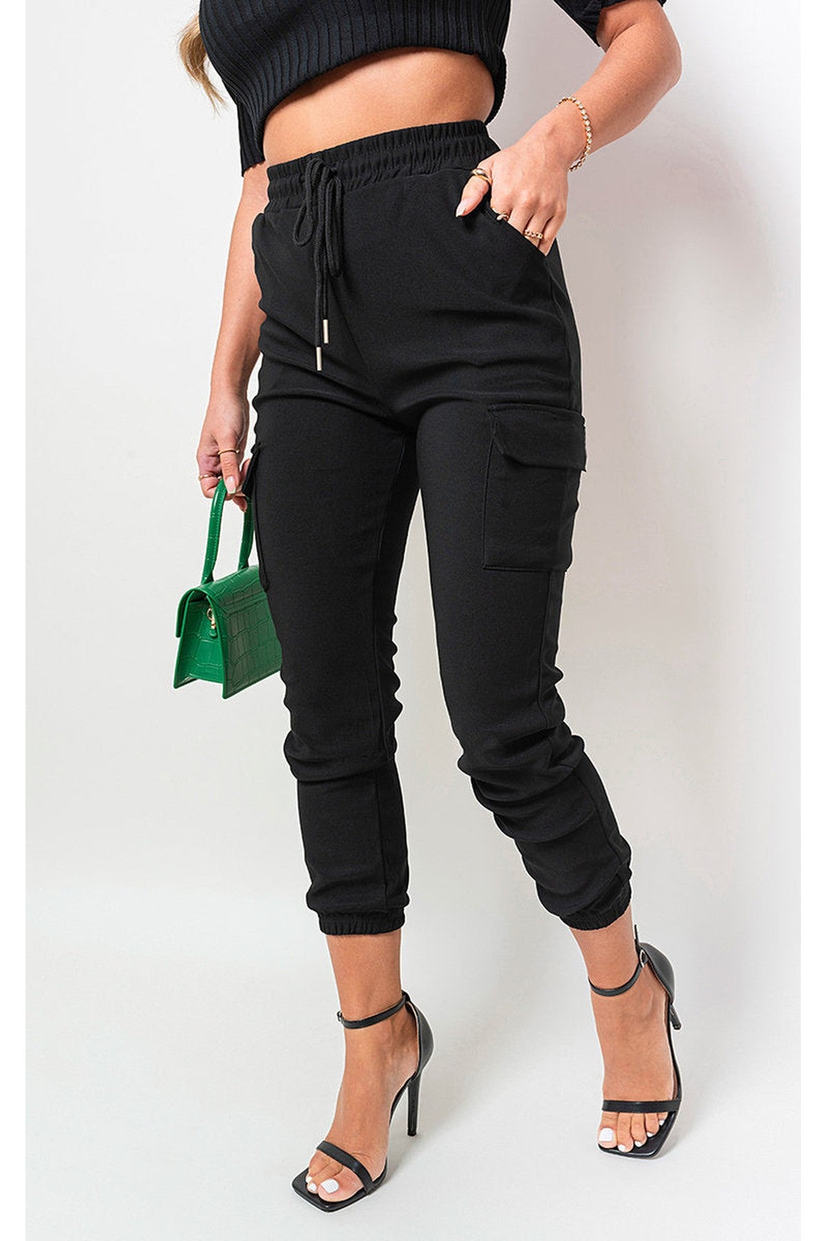 Francesca Pocket Side Drawstring Waist Cargo Trouser - Black