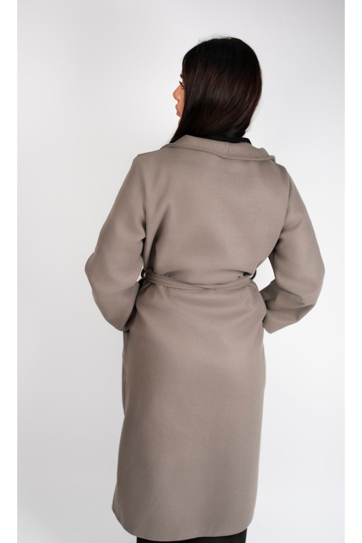 Marelle Belted Longline Coat With Button Detail - Mocha