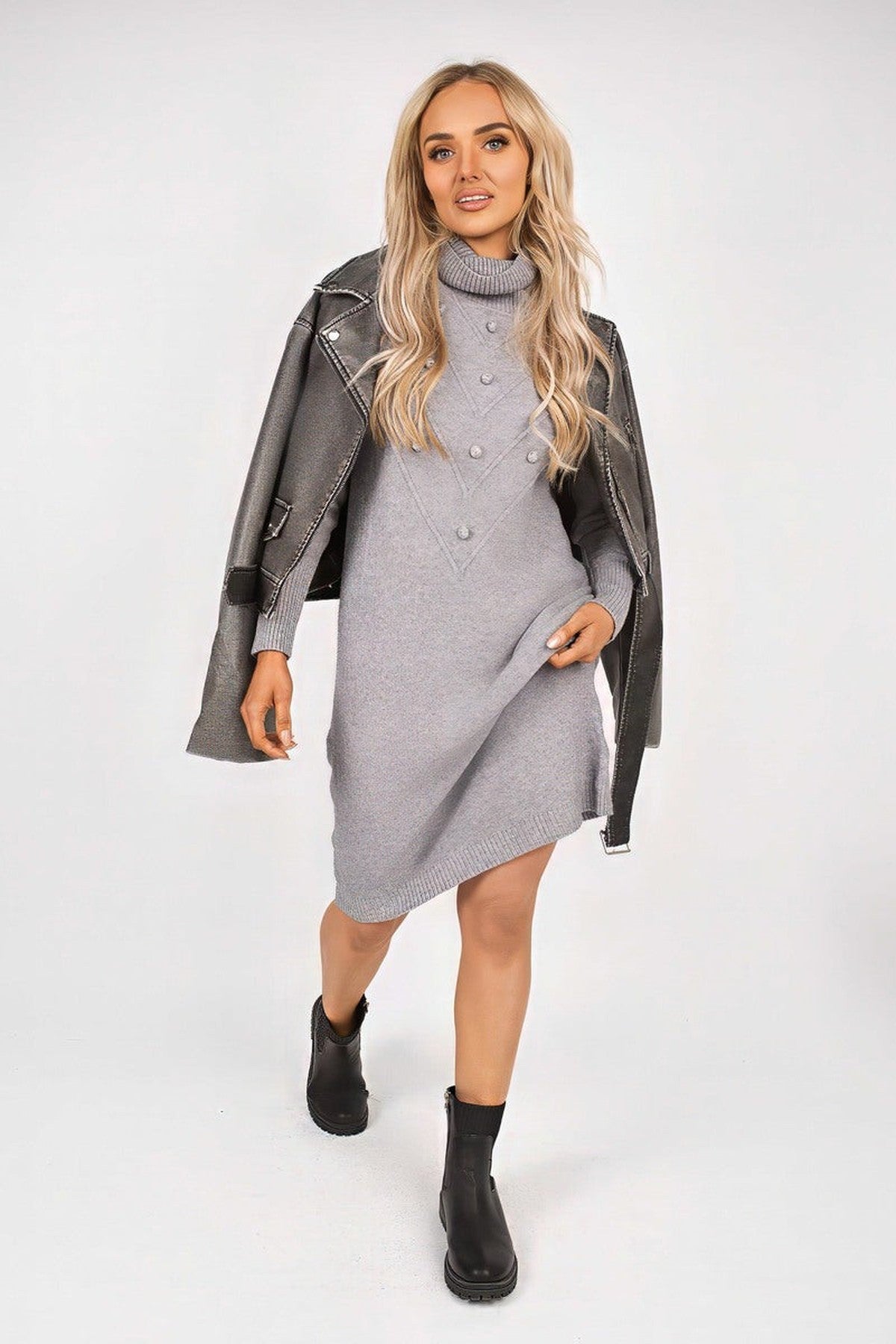 Ivanya High Neck Long Sleeve Knitted Jumper Dress With Bobble Detail - Grey