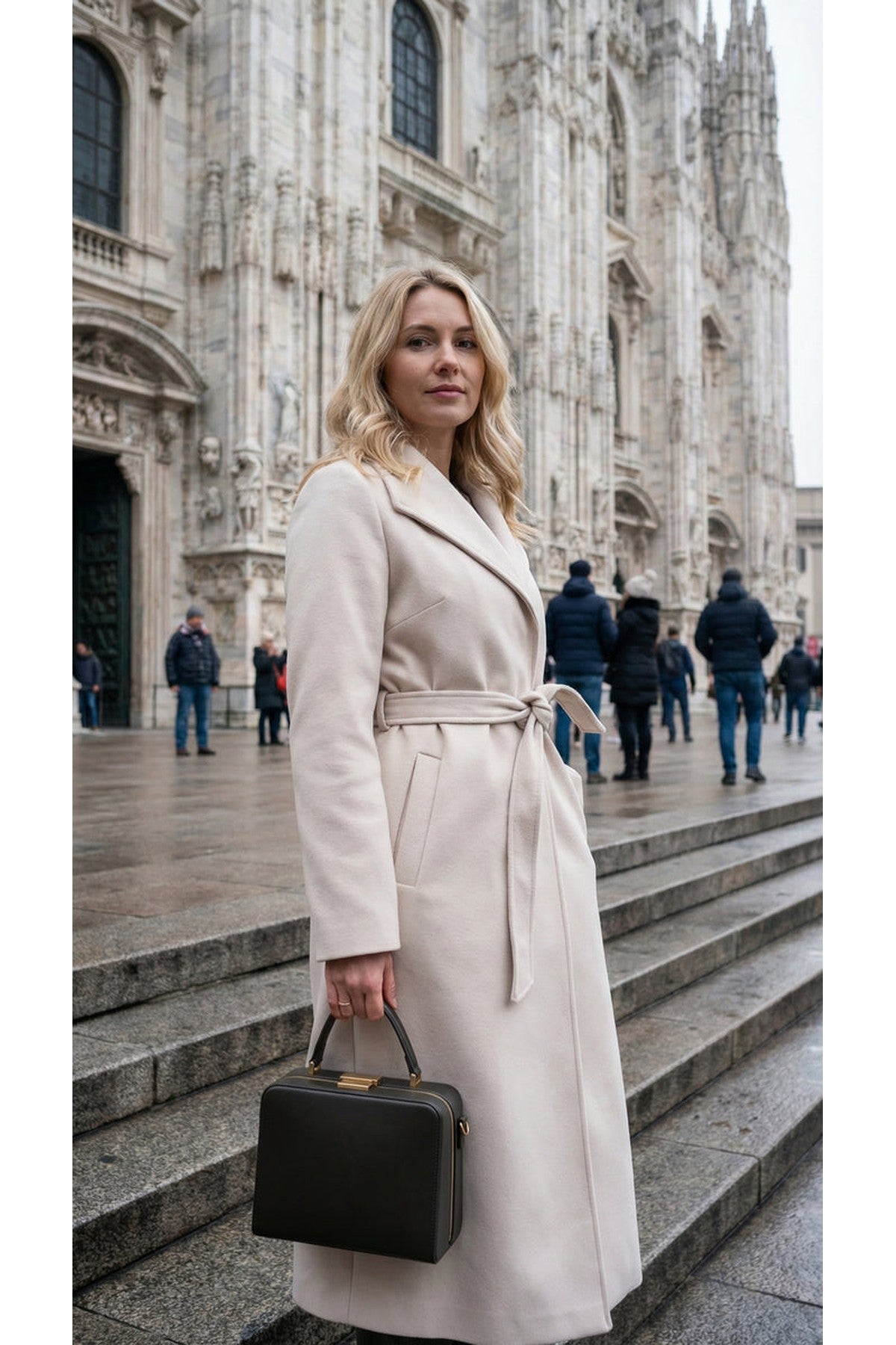 Marelle Belted Longline Coat With Button Detail - Beige