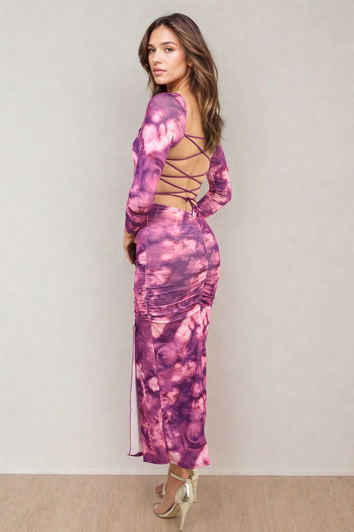 Priscilla Printed Long Sleeve Cross-tied Back Midi Dress - Purple