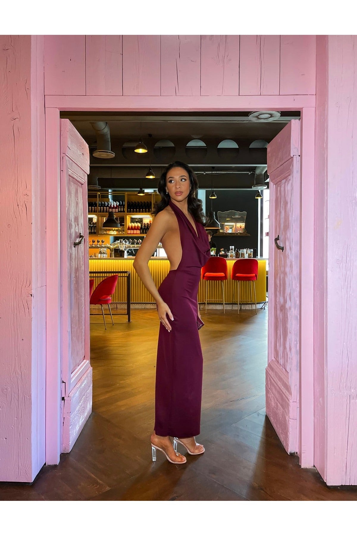Nova Plunge Cowl Neck Backless Maxi Dress With Back Slit - Maroon