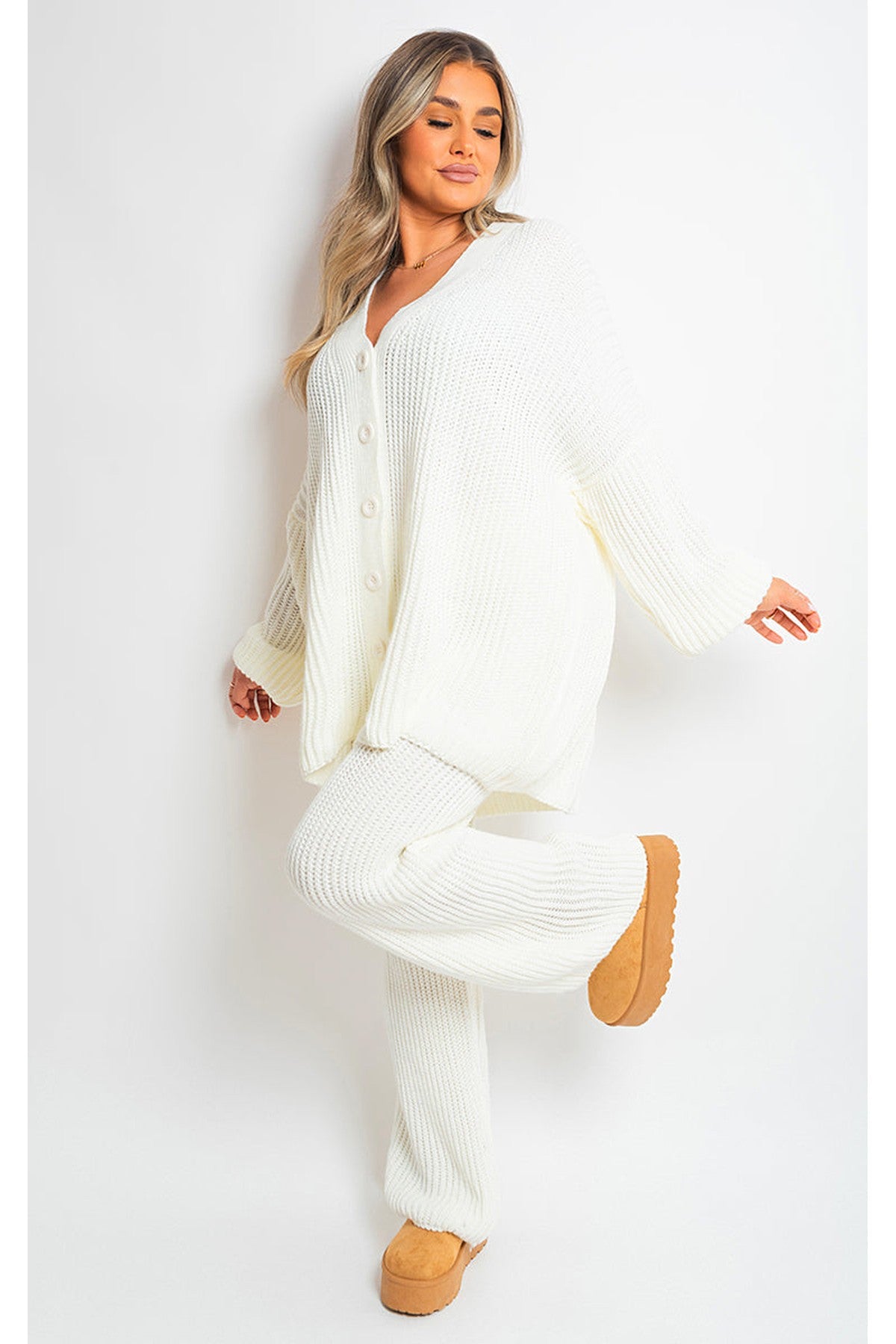 Emma Chunky Knitted Button Up Cardigan Wide Leg Trousers Co-ord Set - Cream