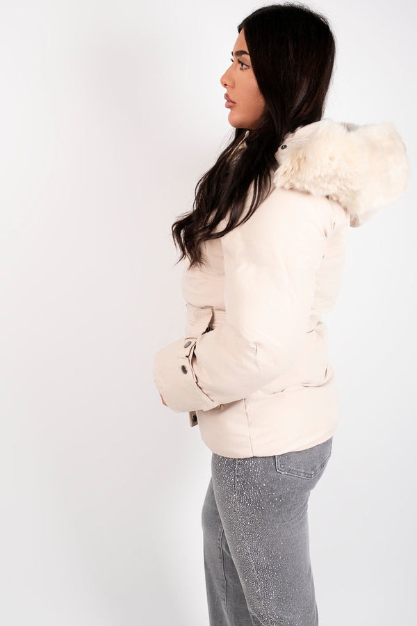 Serelina Belted Puffer Jacket With Faux Fur Hood - Beige