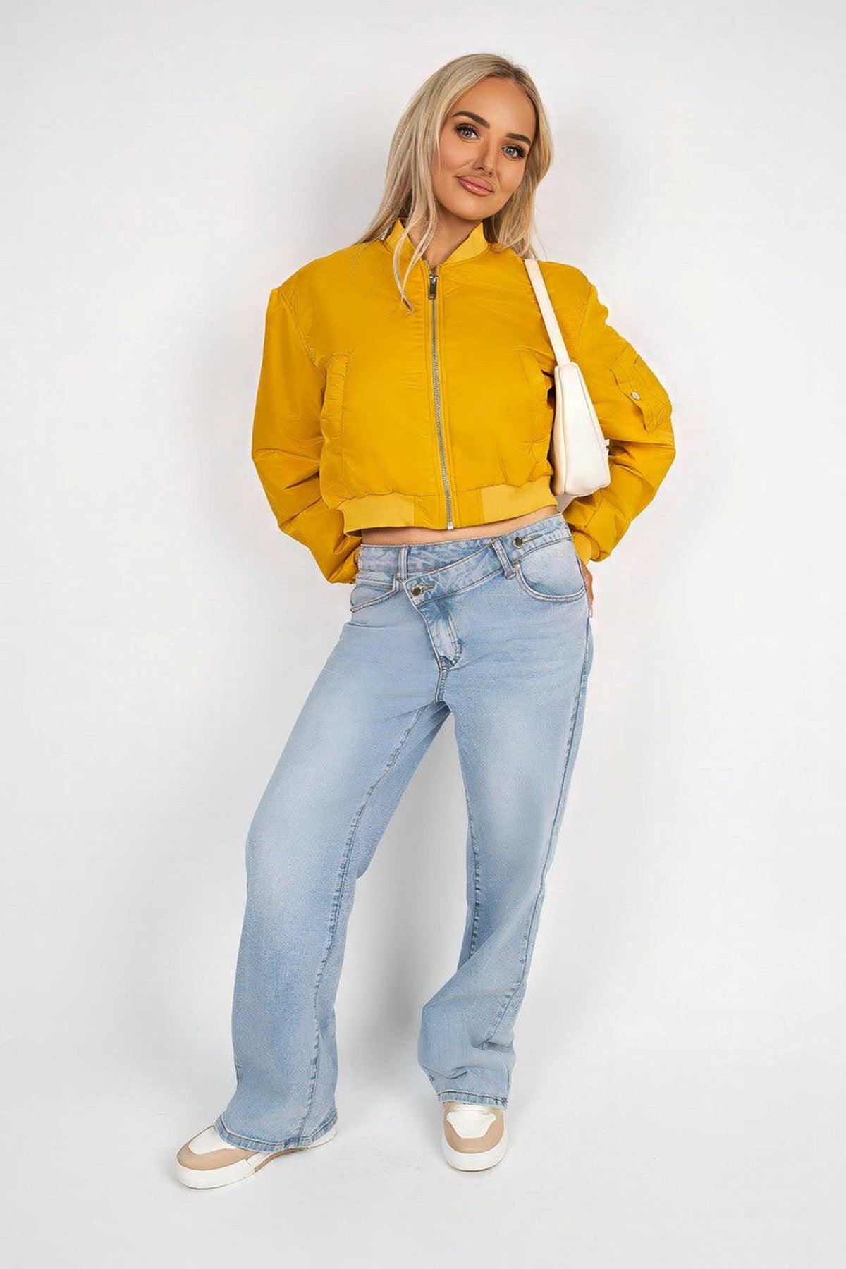 Melina Cropped Long Sleeve Zip Up Puffer Jacket - Mustard