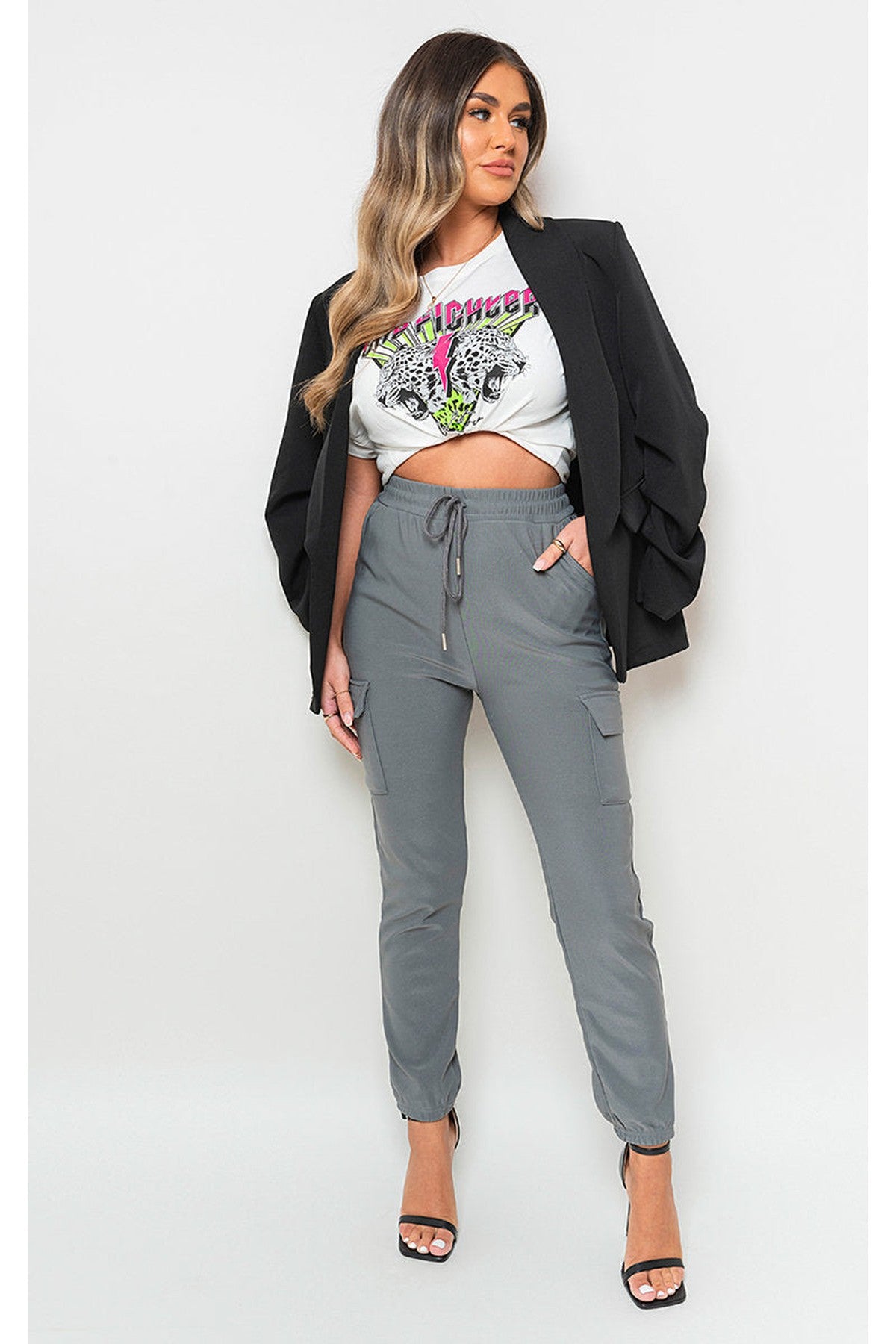 Francesca Pocket Side Drawstring Waist Cargo Trouser - GREY