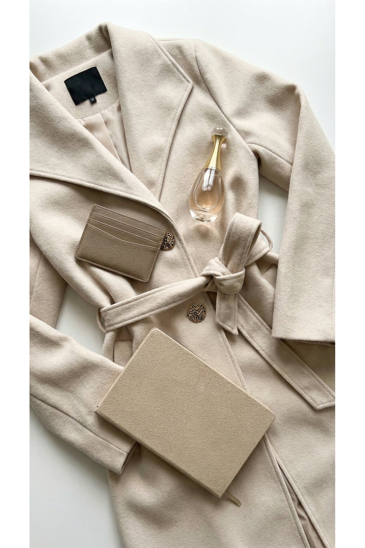 Marelle Belted Longline Coat With Button Detail - Beige