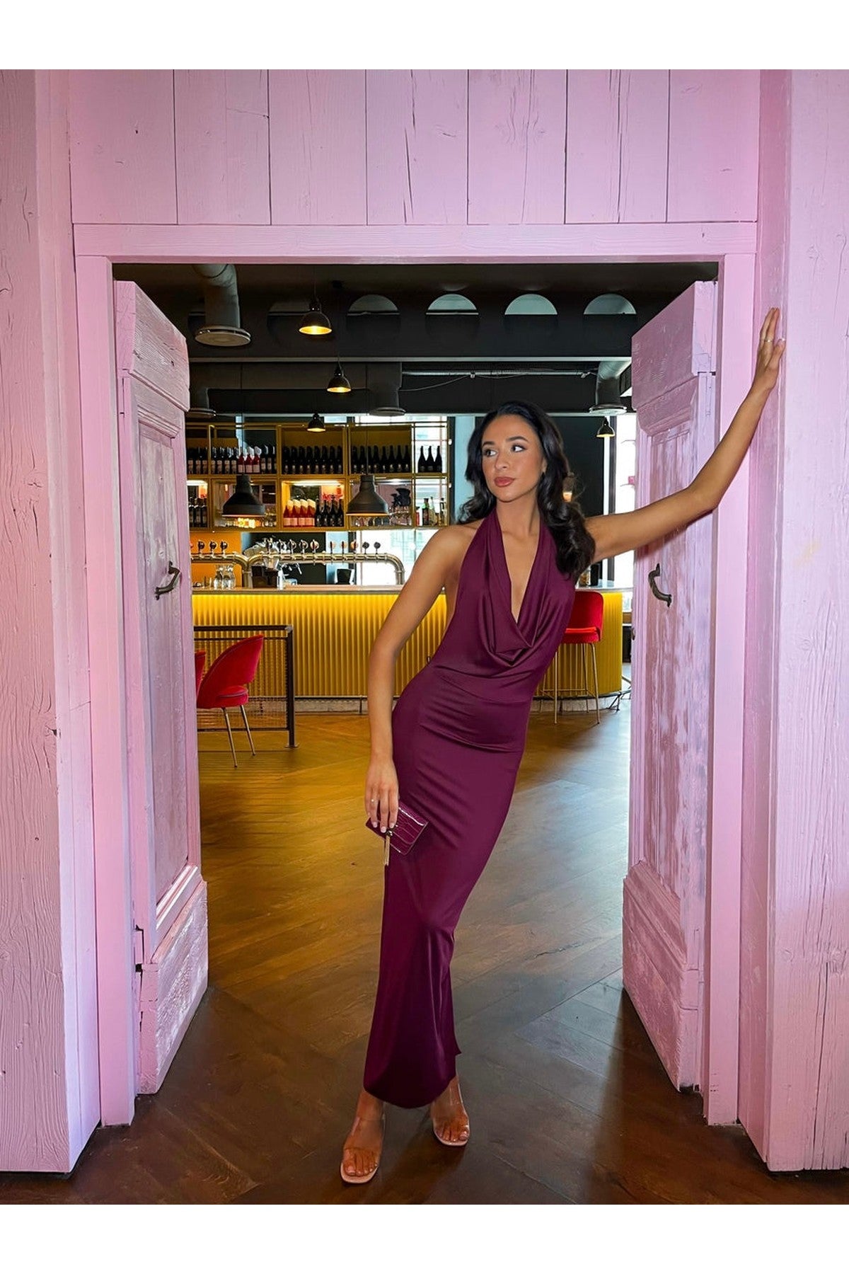 Nova Plunge Cowl Neck Backless Maxi Dress With Back Slit - Maroon