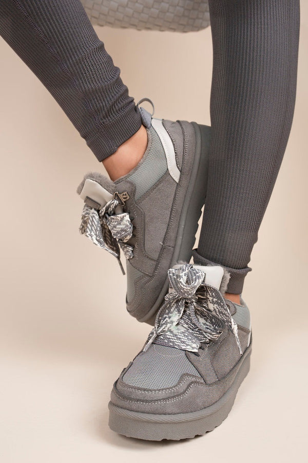 Leiza Chunky Lace Up Faux Fur Trainers - Grey