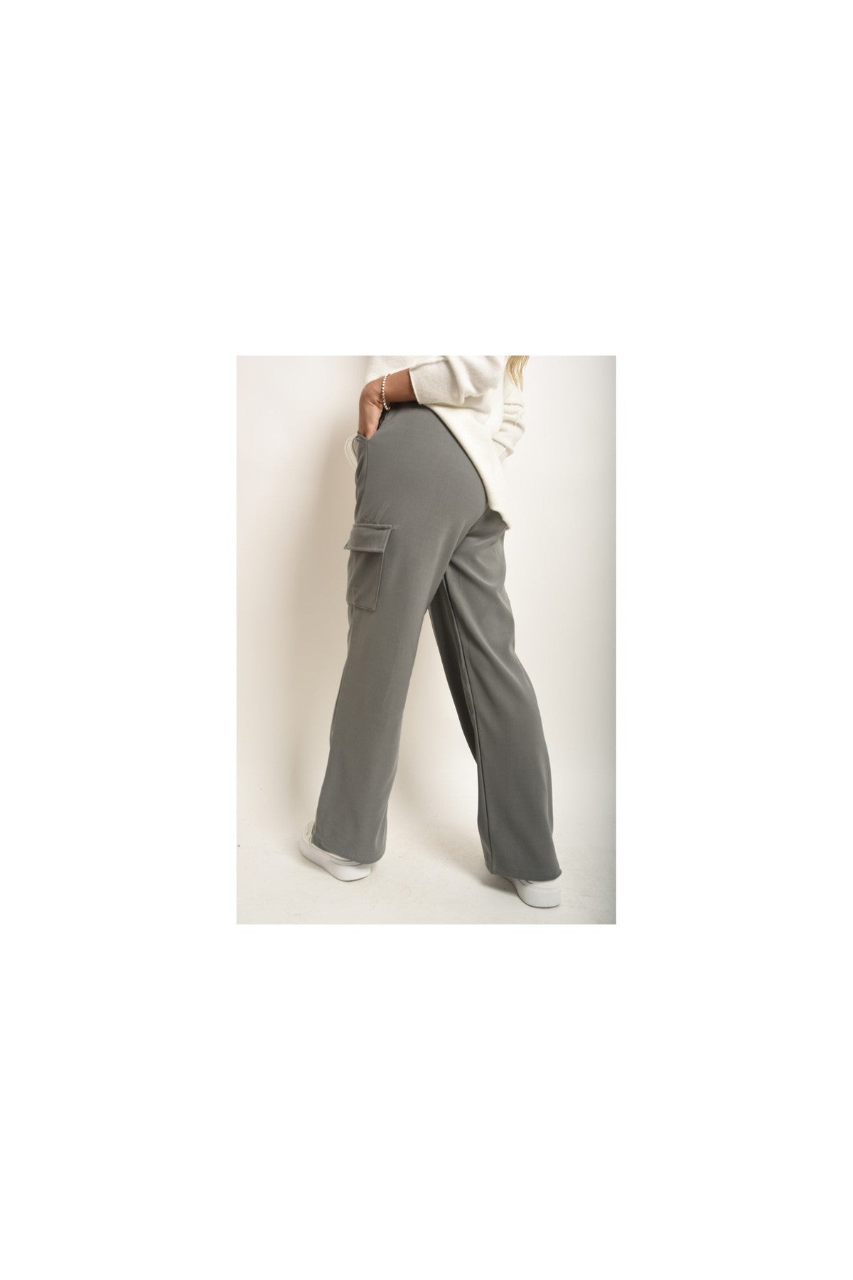 Faye Wide Leg Drawstring Waist Flap Pocket Trouser - Grey