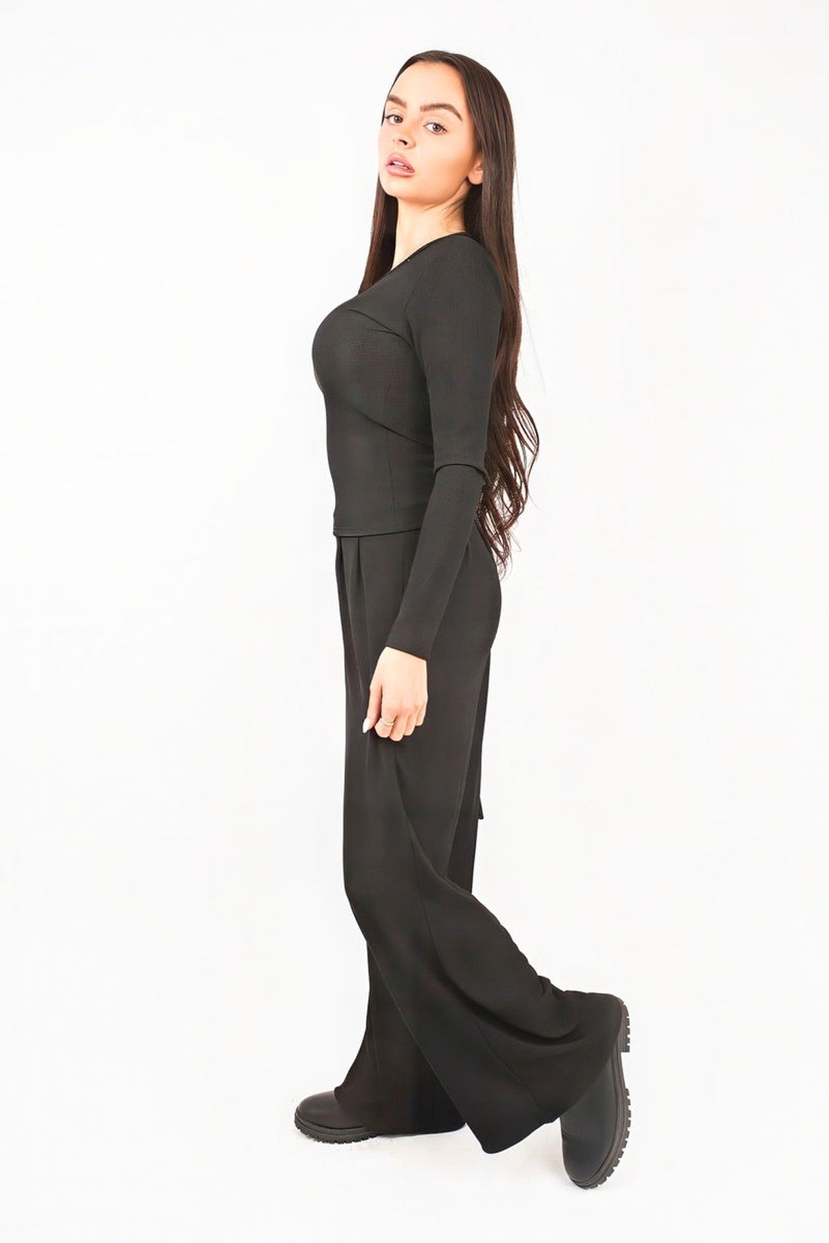 Enaya V Neck Long Sleeve Ribbed Top & Wide Leg Trousers Co-ord Set - Black