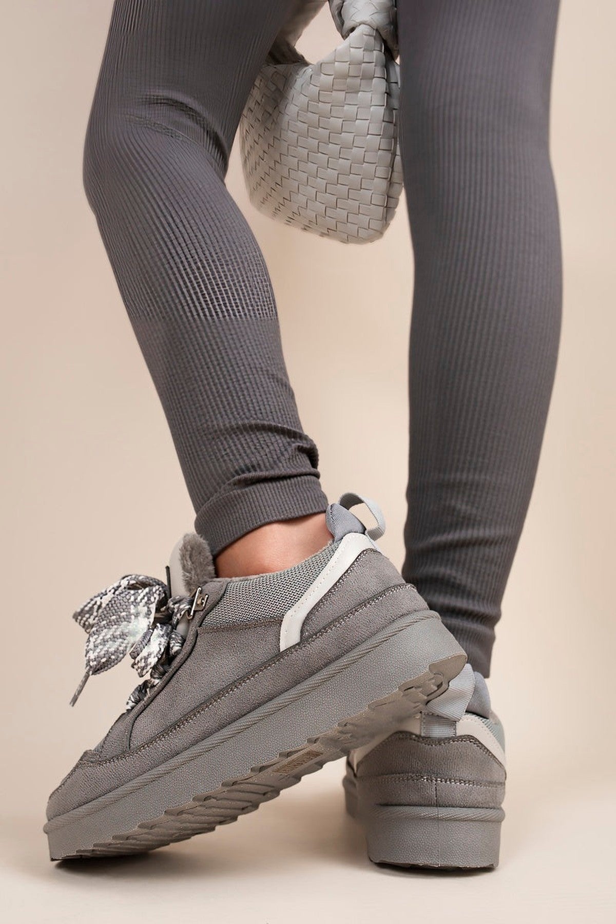 Leiza Chunky Lace Up Faux Fur Trainers - Grey