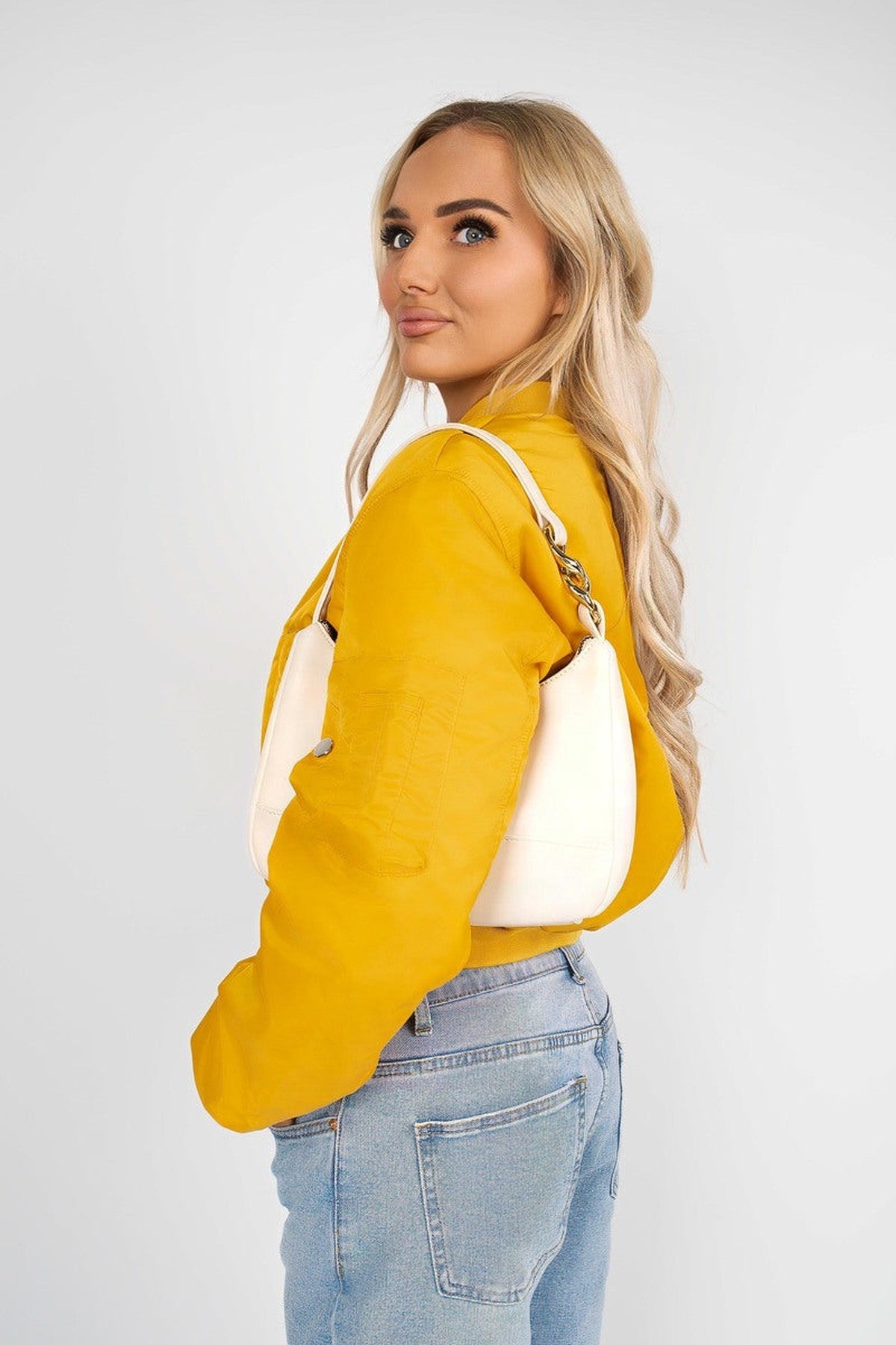 Melina Cropped Long Sleeve Zip Up Puffer Jacket - Mustard