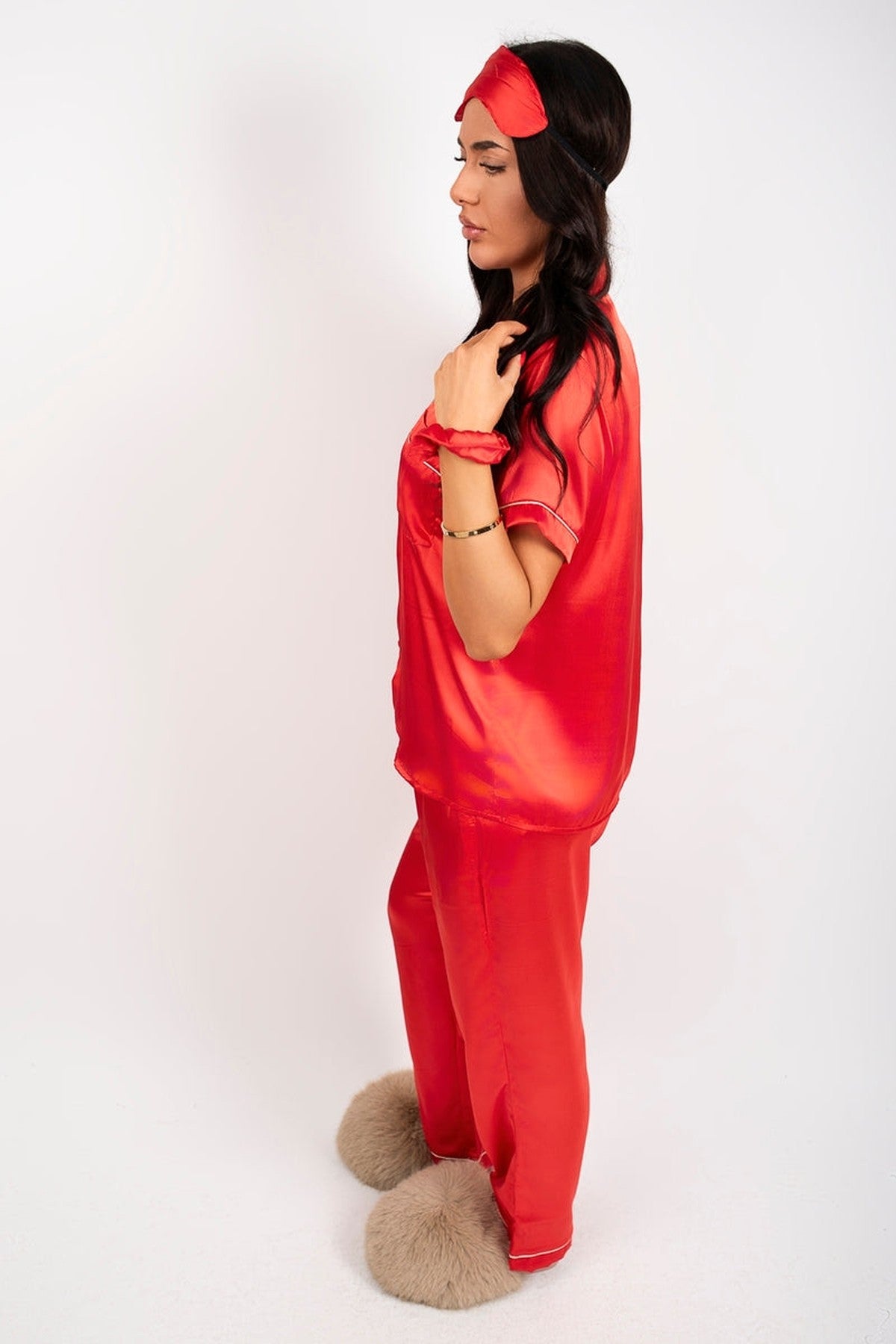 Saryna Satin Button Up Pyjama Set With Matching Eye Mask & Scrunchie - Red