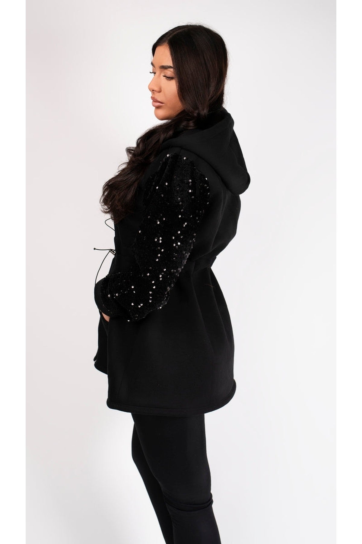 Evalora Zip Up Hoodie With Sequin Sleeve Detail - Black