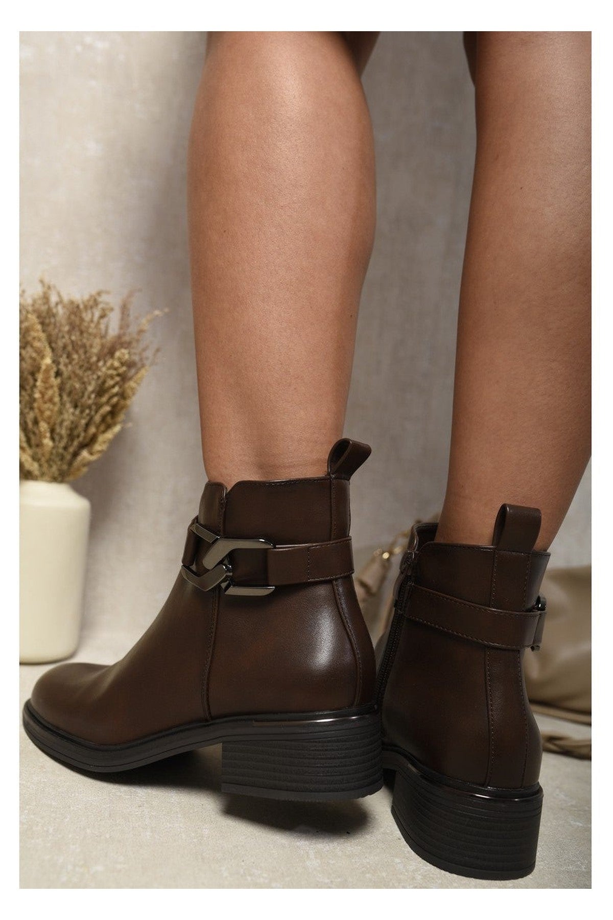 Valeria Buckle Side Zipper Closure Ankle Boots - Brown
