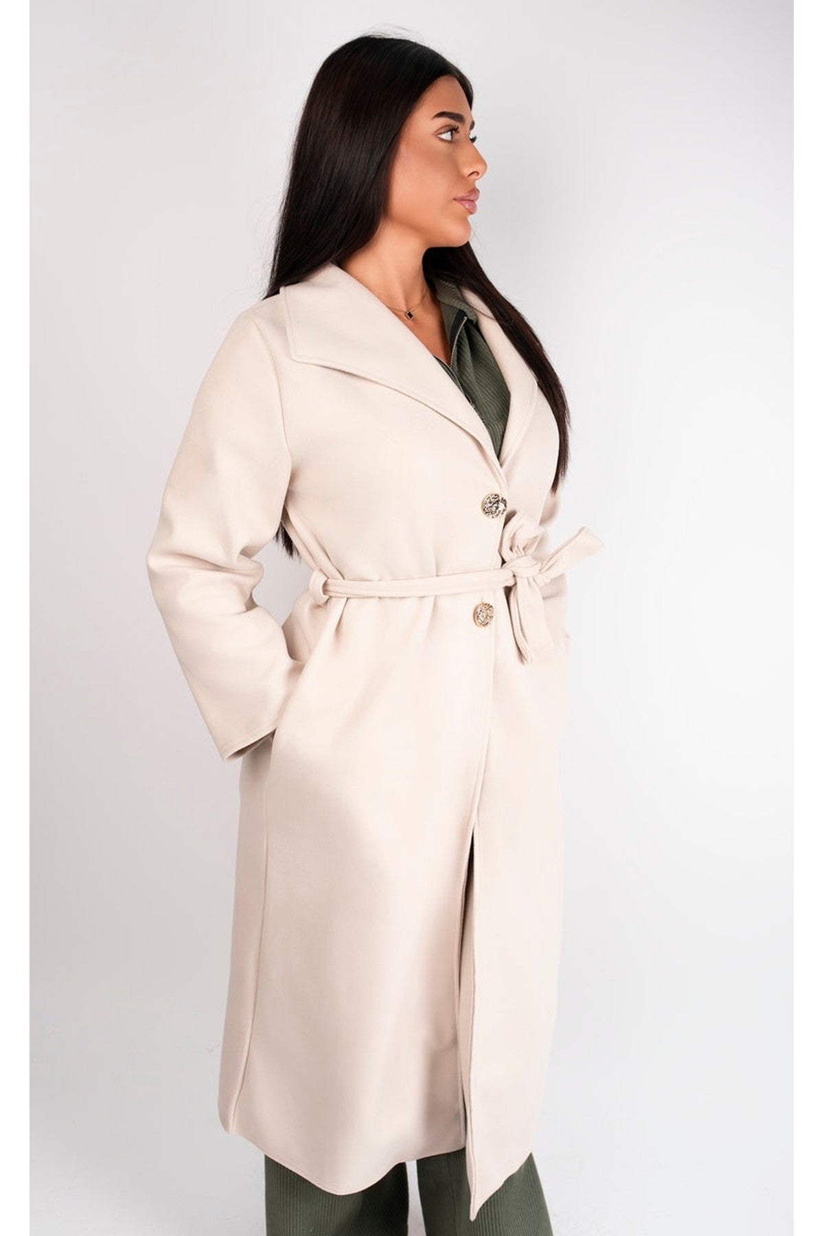 Marelle Belted Longline Coat With Button Detail - Beige