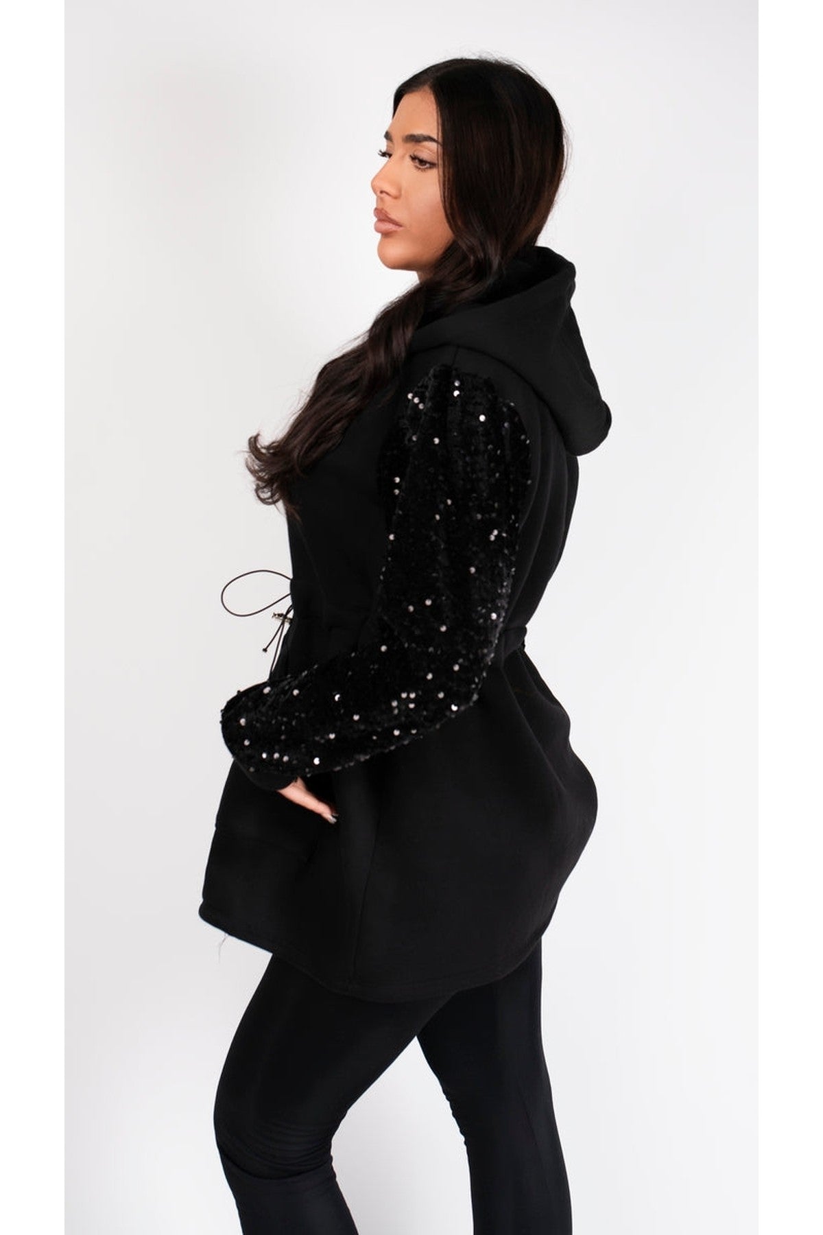 Evalora Zip Up Hoodie With Sequin Sleeve Detail - Black