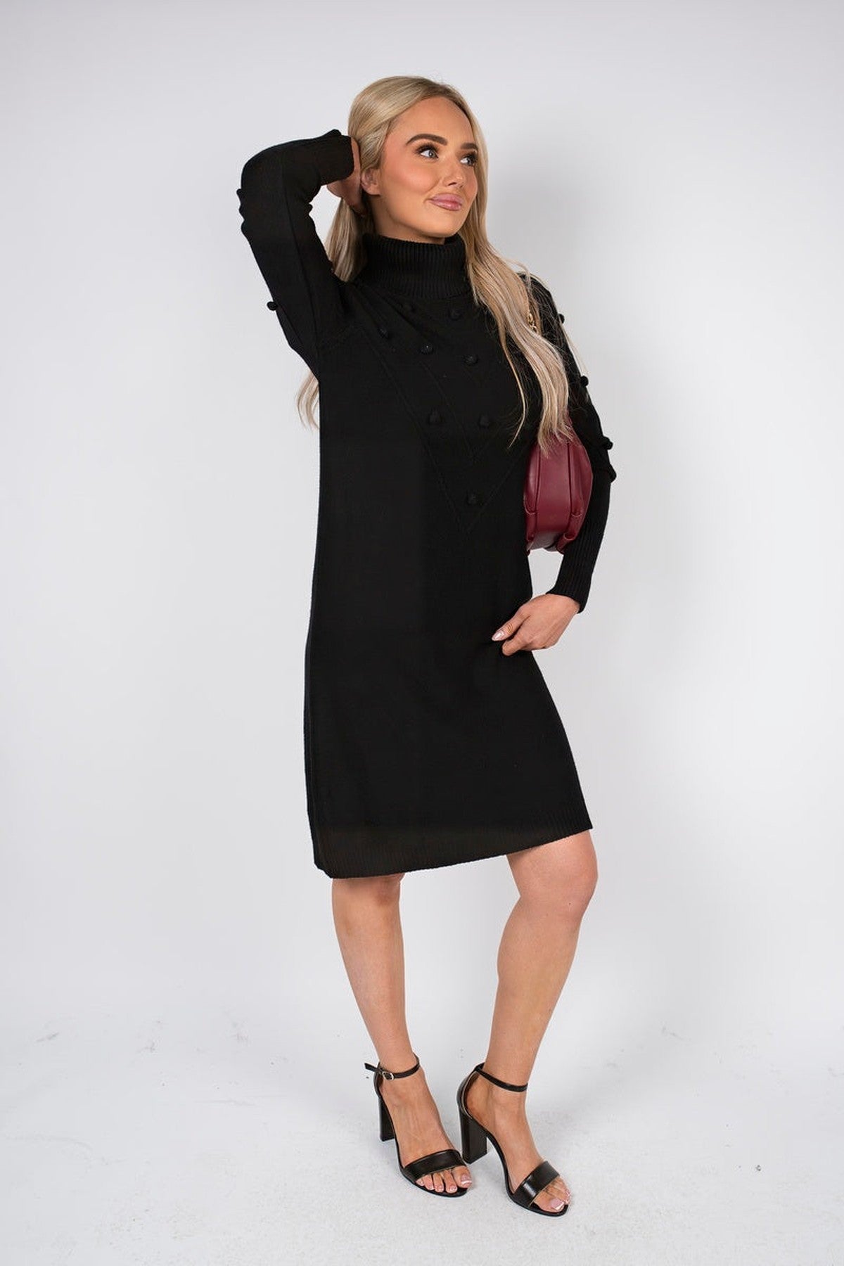 Ivanya High Neck Long Sleeve Knitted Jumper Dress With Bobble Detail - Black