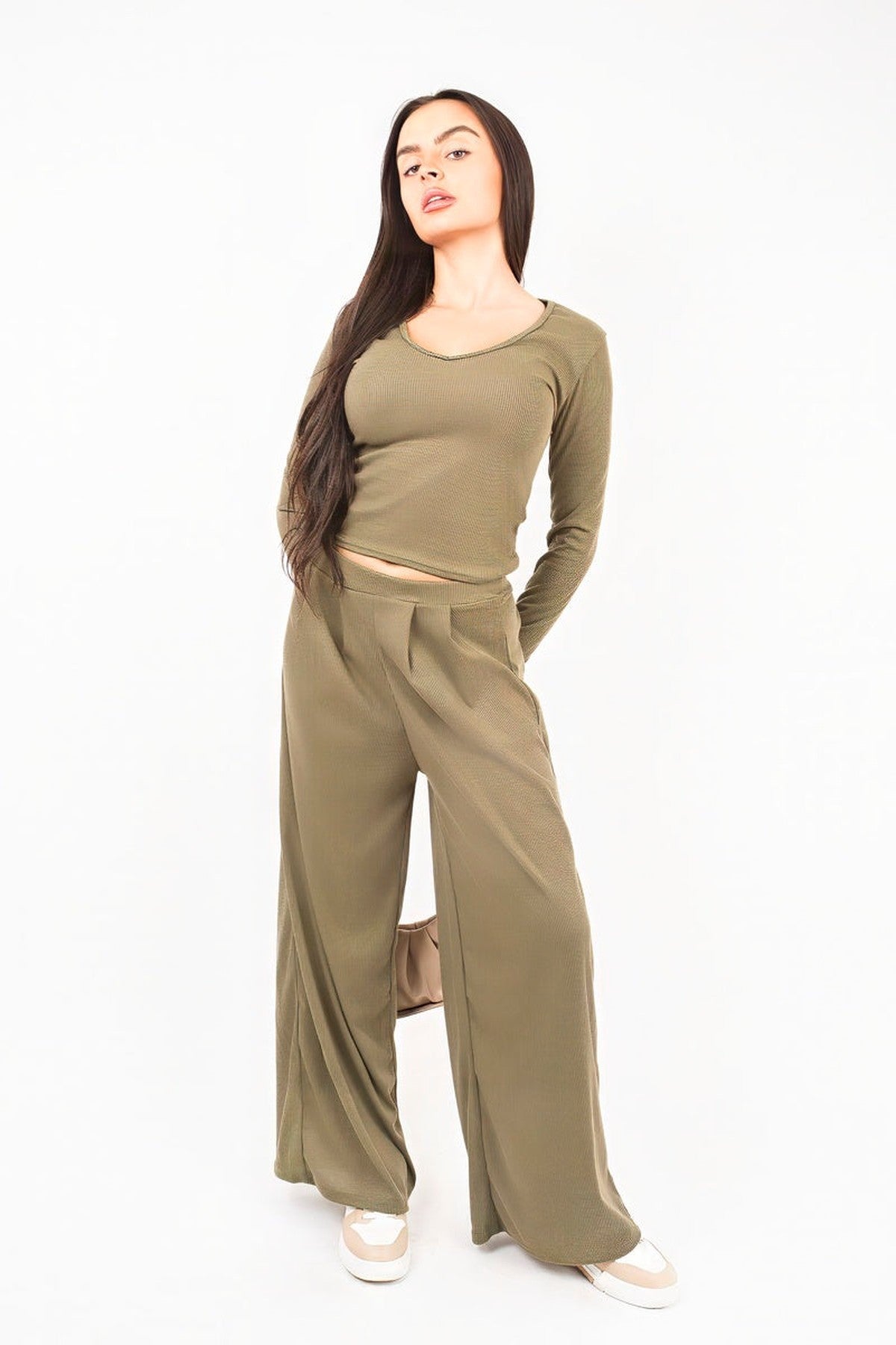 Enaya V Neck Long Sleeve Ribbed Top & Wide Leg Trousers Co-ord Set - Khaki