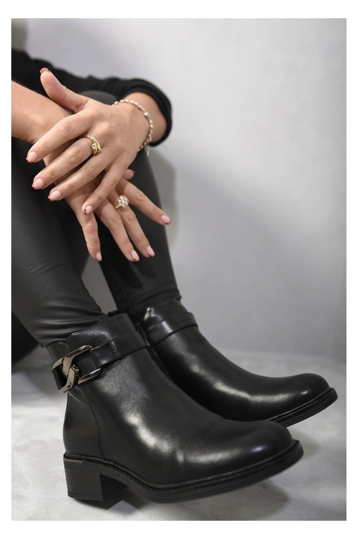 Valeria Buckle Side Zipper Closure Ankle Boots - Black