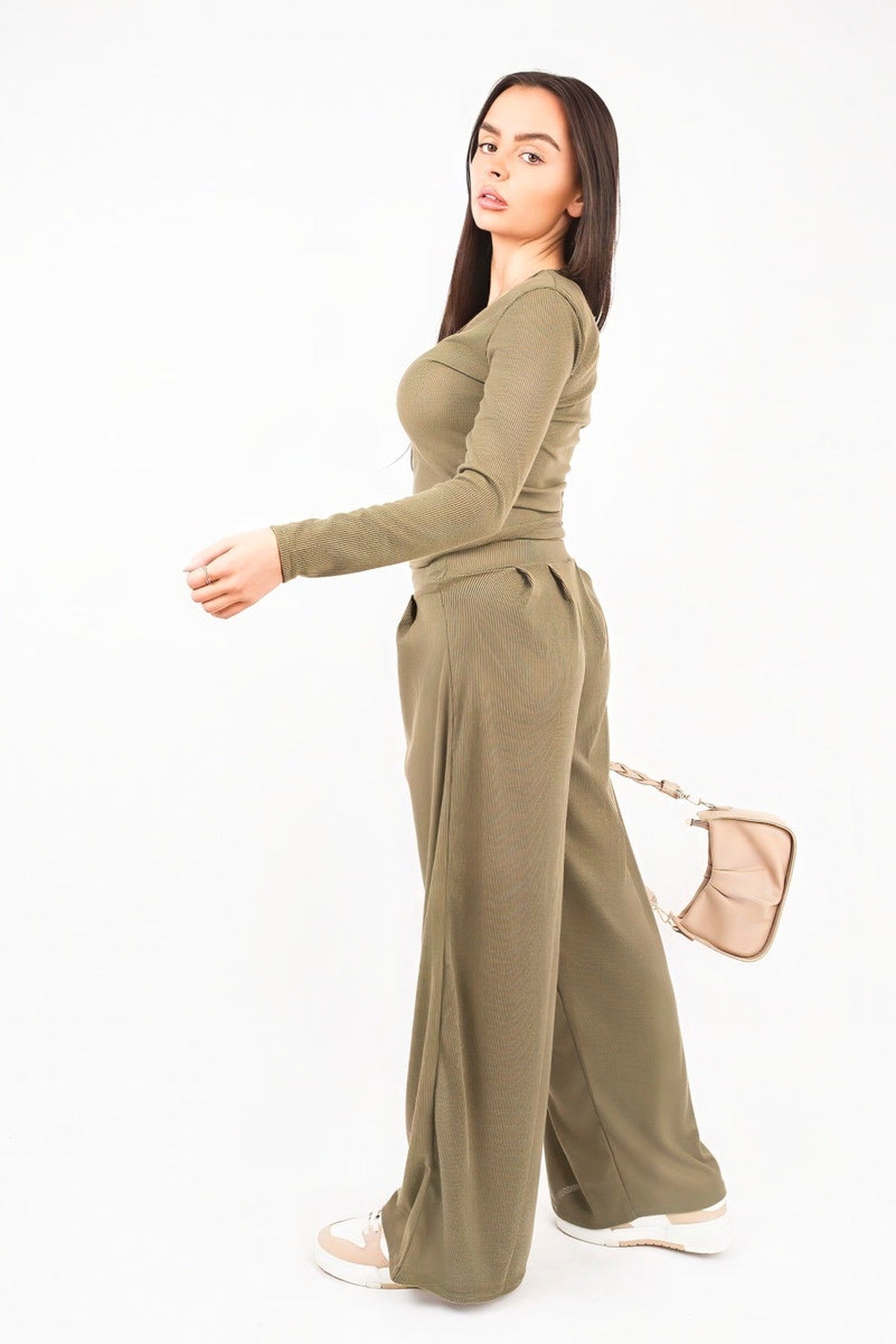 Enaya V Neck Long Sleeve Ribbed Top & Wide Leg Trousers Co-ord Set - Khaki