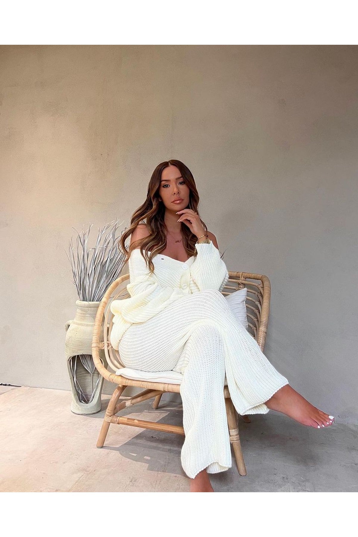 Emma Chunky Knitted Button Up Cardigan Wide Leg Trousers Co-ord Set - Cream