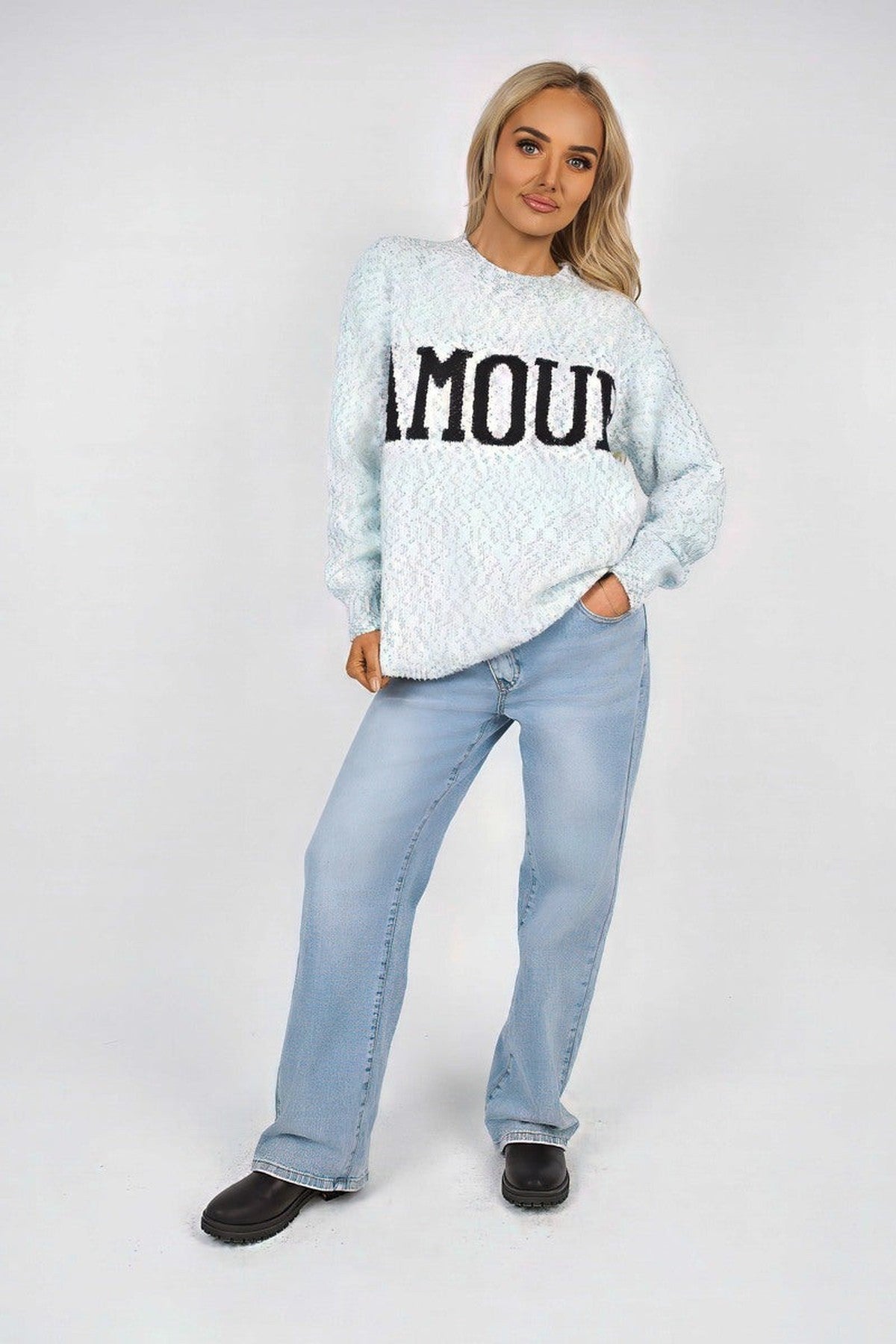 Zenya Fluffy Knit Oversized Jumper With Amour Slogan Detail - Blue