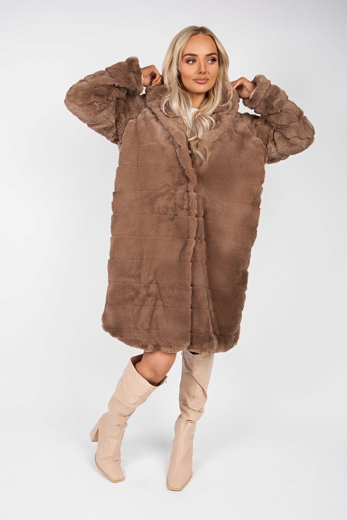 Milara Longline Faux Fur Hooded Coat - Brown