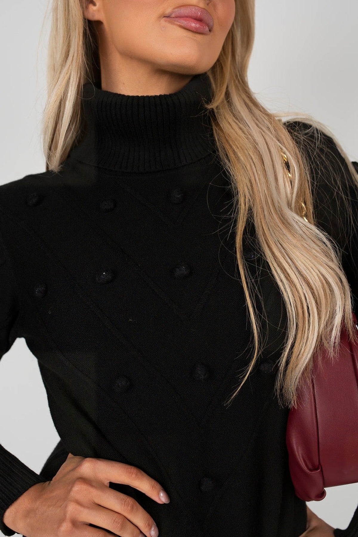 Ivanya High Neck Long Sleeve Knitted Jumper Dress With Bobble Detail - Black