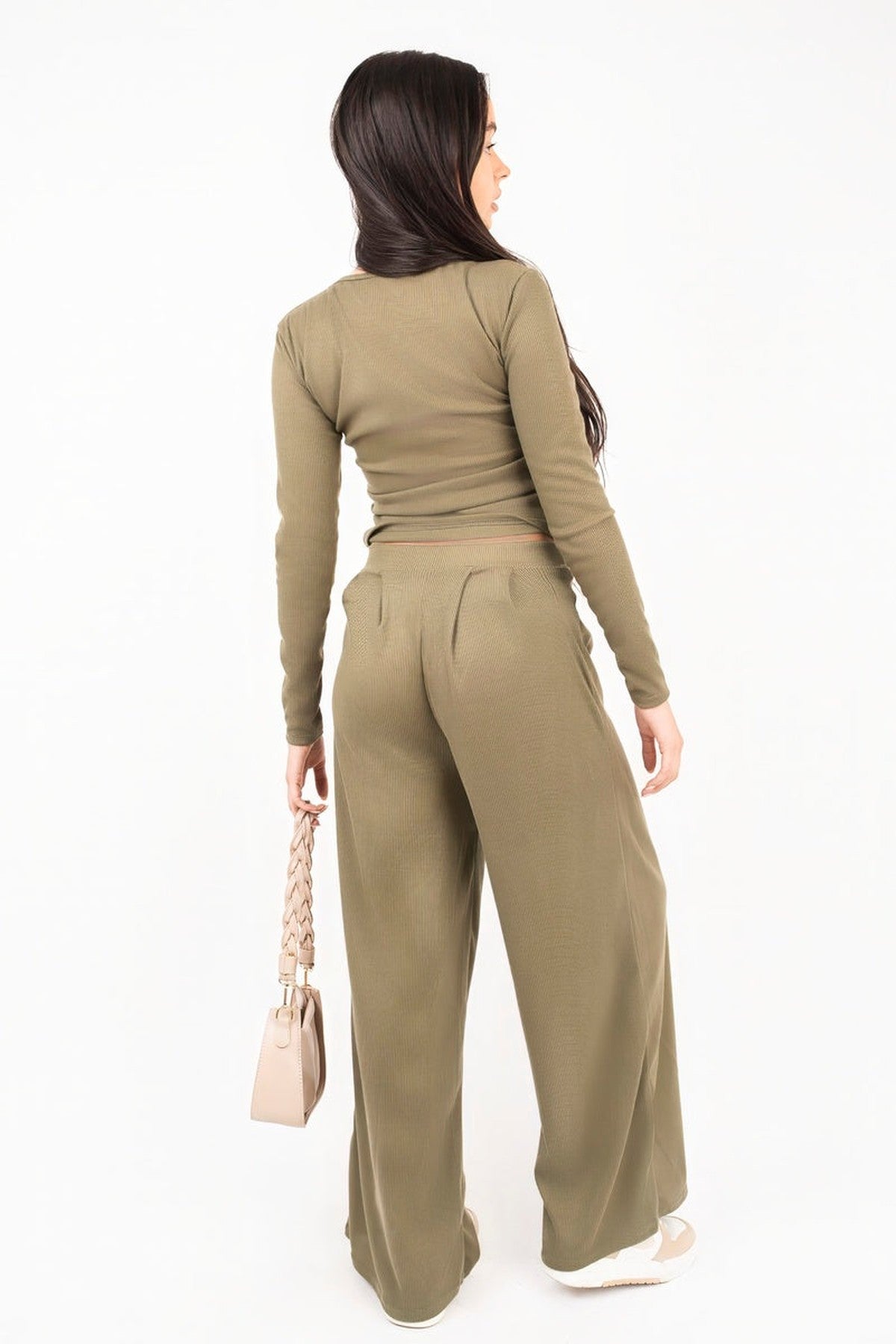 Enaya V Neck Long Sleeve Ribbed Top & Wide Leg Trousers Co-ord Set - Khaki