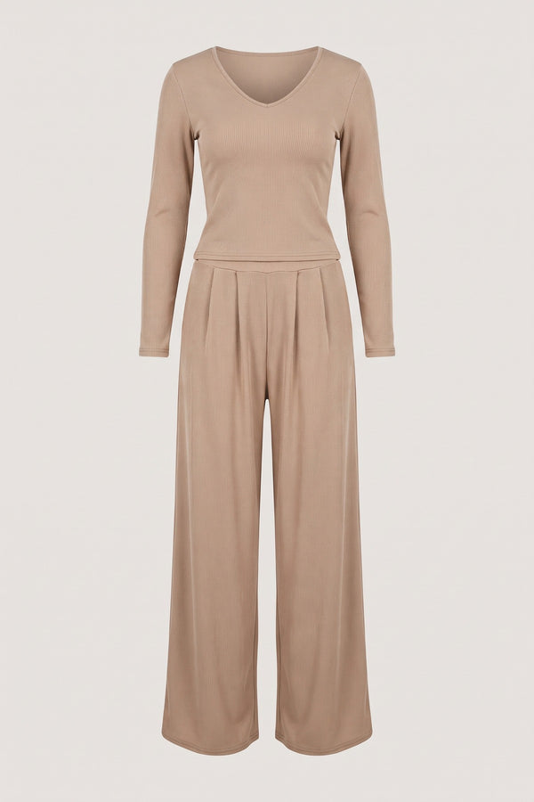 Enaya V Neck Long Sleeve Ribbed Top & Wide Leg Trousers Co-ord Set - Stone